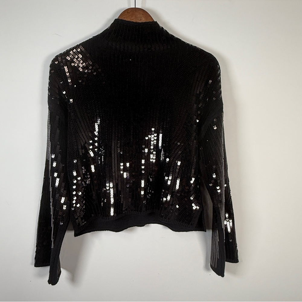 Marled Sequin Black Mock Turtleneck Crop‎ Blouse Festive Size XS